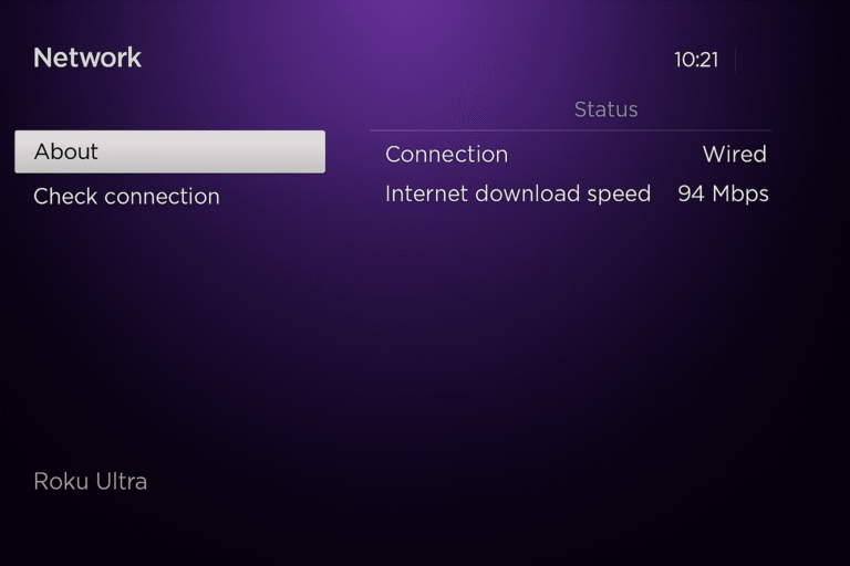 Roku Ultra network settings screen with Wired status active