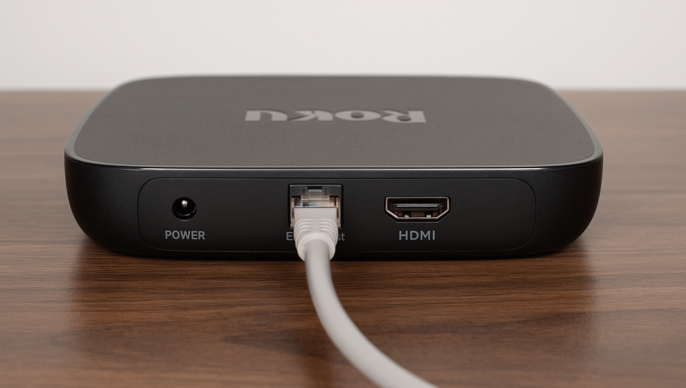 Roku Ultra rear port view with Ethernet cable connected