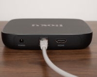 Roku Ultra rear port view with Ethernet cable connected