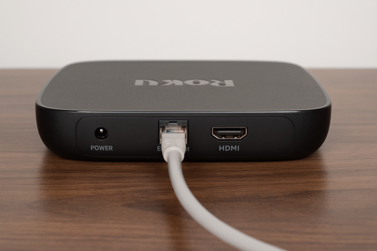 Roku Ultra rear port view with Ethernet cable connected