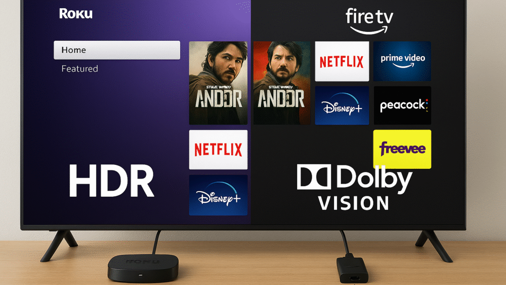 Roku Ultra vs Fire TV Cube – comparison of Roku home screen with simple layout versus Fire TV home screen with Amazon-focused interface