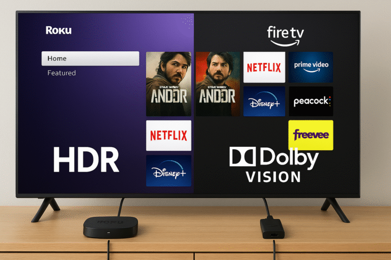 Roku and Fire TV connected to TV with HDR & Dolby logos onscreen