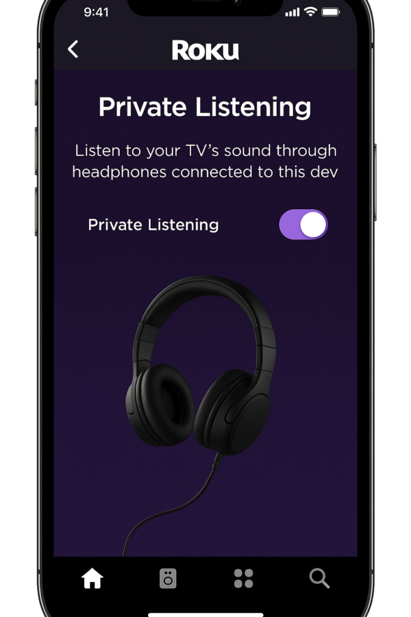 Roku app interface showing private listening toggled on with headphones connected