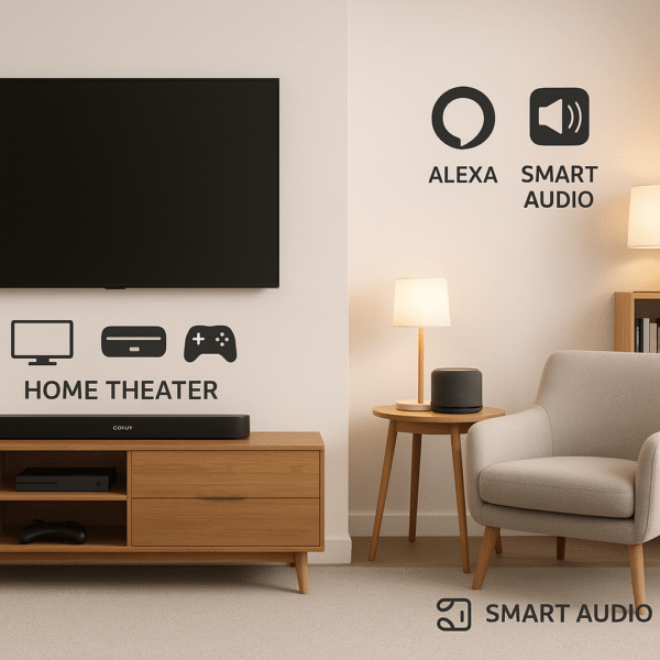 Sonos Beam vs Echo Studio – room graphic showing Sonos Beam as part of a TV and AV setup, while Echo Studio functions as a voice-first smart hub