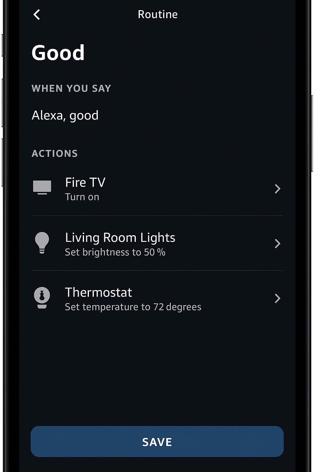 Screenshot of Alexa app showing routine with Fire TV, lights, and thermostat linked.