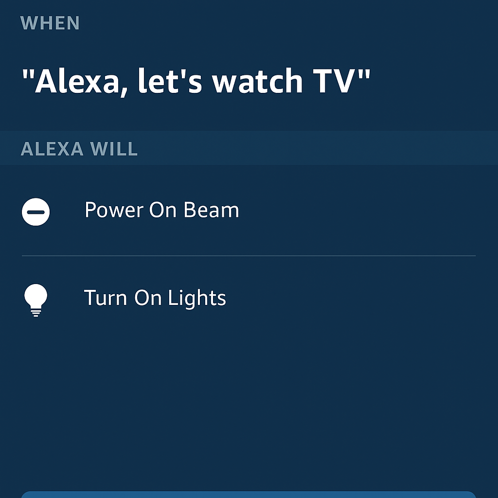 Alexa voice routine setup guide – screenshot of Alexa routine flow showing Sonos Beam grouped with smart lights for automated home control