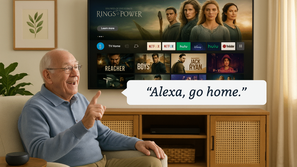 Senior seated comfortably giving a voice command to Echo, TV responds.