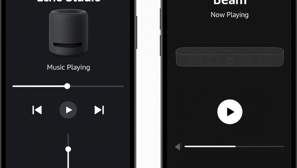 Side-by-side Echo Studio vs Beam UI interface screenshots (Alexa vs Sonos app)
