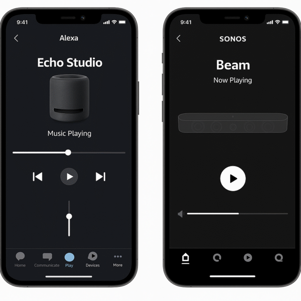 Sonos Beam vs Echo Studio – side-by-side screenshots comparing Alexa app interface for Echo Studio and Sonos app interface for Beam