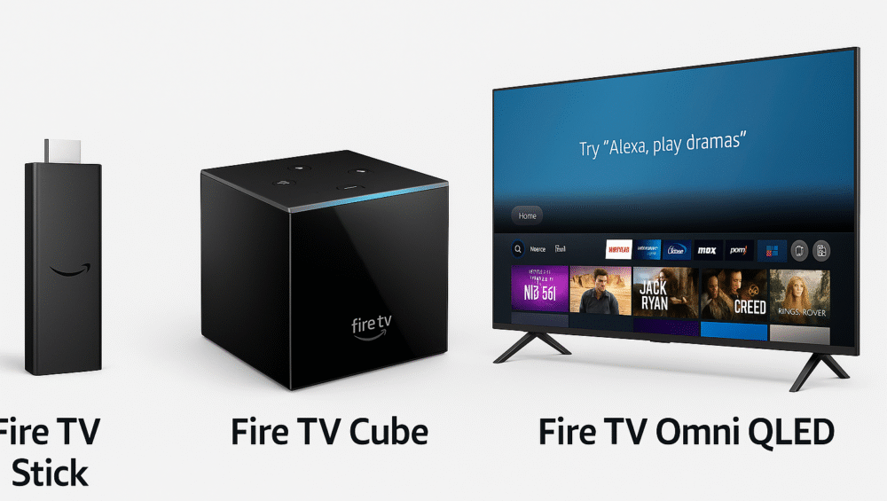 Side-by-side images of Fire TV Stick, Cube, and Omni QLED.