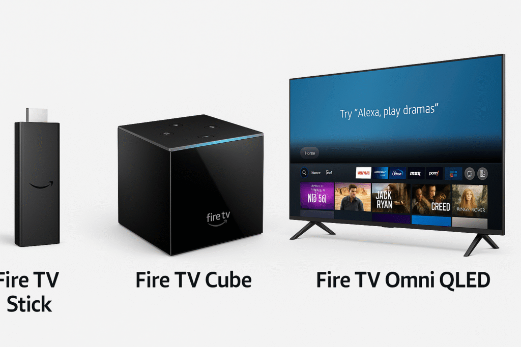 Side-by-side images of Fire TV Stick, Cube, and Omni QLED.