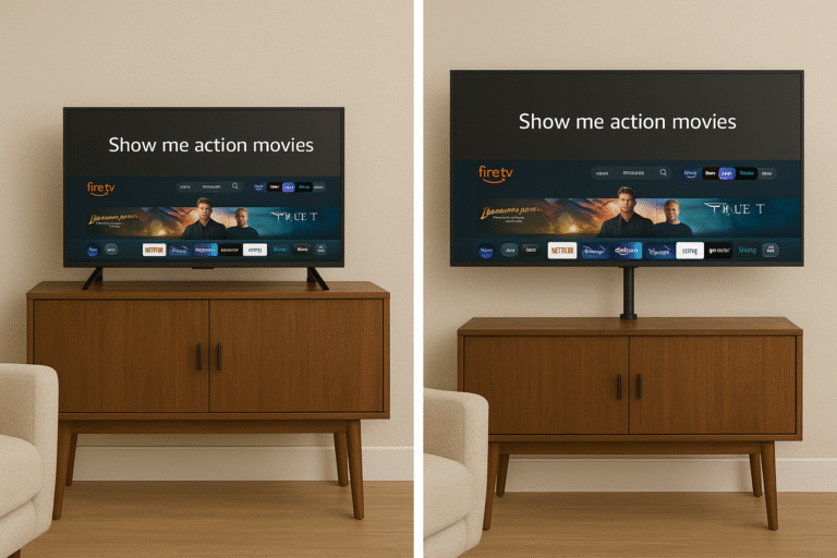 Side-by-side living room mockup of each TV running a voice command.