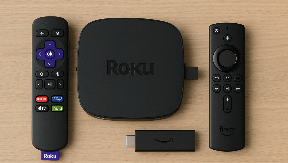 Side-by-side photo of both devices and remotes on a table