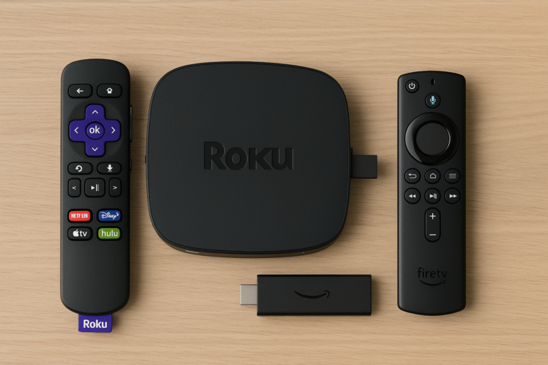 Side-by-side photo of both devices and remotes on a table