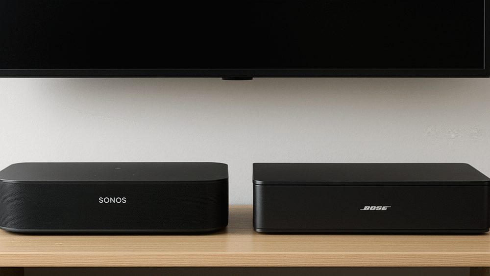 Side-by-side photo of both soundbars under same size TV for scale