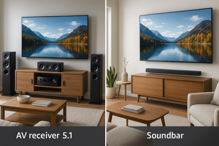 Side-by-side photo of two living rooms: one with an AV receiver and full 5.1 surround speakers, the other with a sleek soundbar – best gaming audio setup comparison.