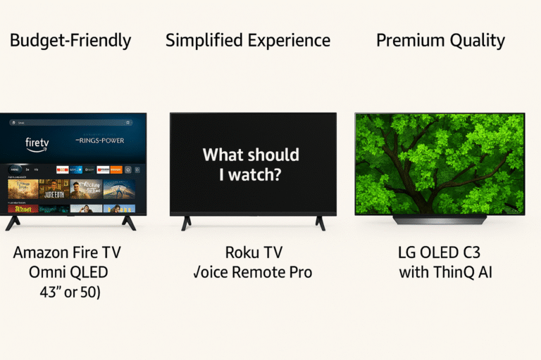 Side-by-side product images of the three TVs labeled by user need.