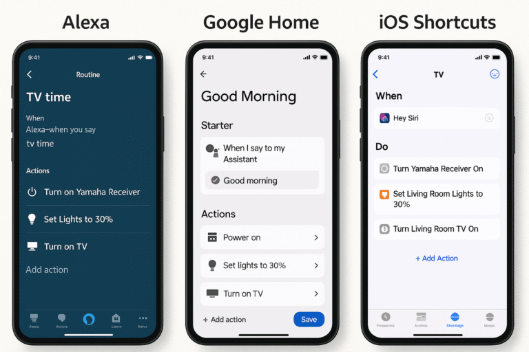 Side-by-side screenshots of routine builders in Alexa, Google Home, and iOS Shortcuts
