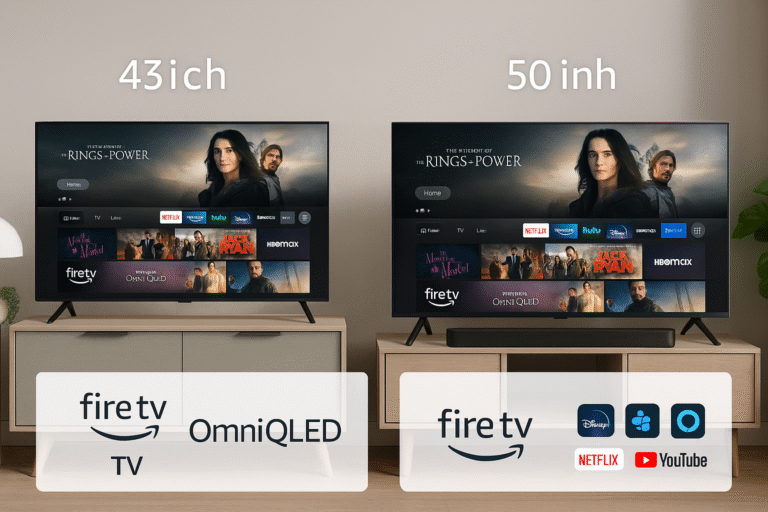 Side-by-side shot of 43” and 50” Fire TVs in an apartment setup