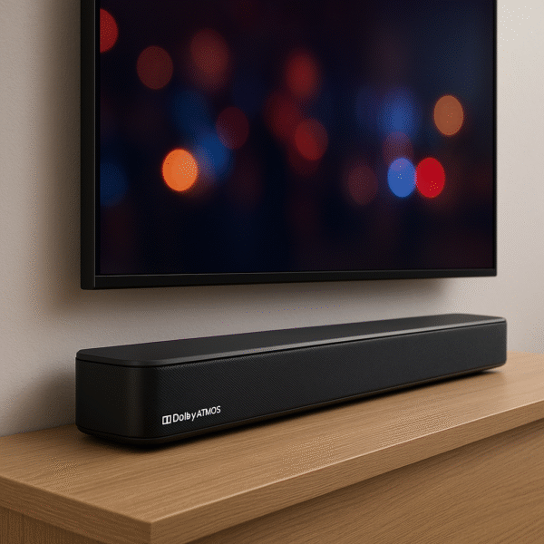 Side view of a sleek LG or Samsung Dolby Atmos soundbar placed under a wall-mounted TV – best gaming audio setup option.