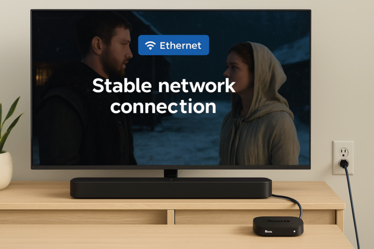 Smart TV setup with Roku Ultra connected to Ethernet for stable playback