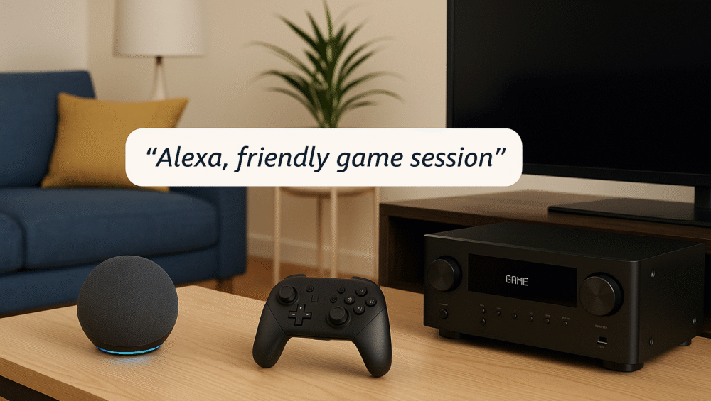 Smart assistant + gamepad + receiver in modern living room