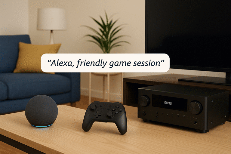 Modern living room featuring a smart assistant device, gamepad, and AV receiver working together for next-gen gaming.