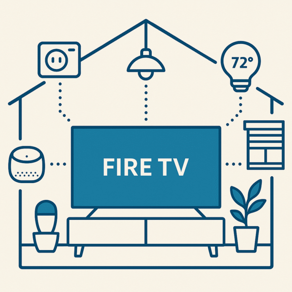Smart home layout image with icons for each device type connected to Fire TV.