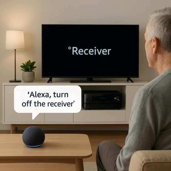 Smart living room setup with Echo Dot and AV receiver responding to a voice command through Alexa.