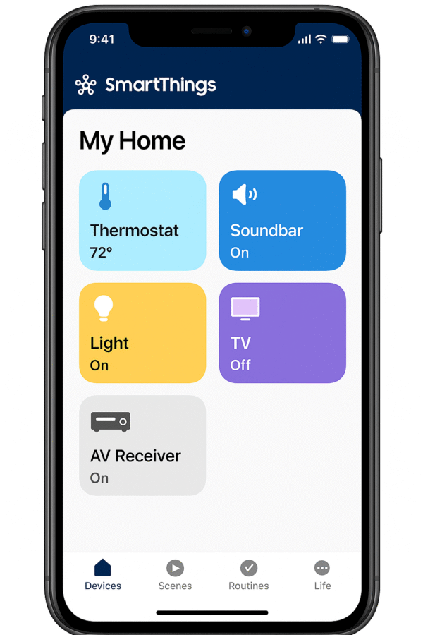 SmartThings dashboard showing AV receiver listed among connected devices for seamless smart home theater control.