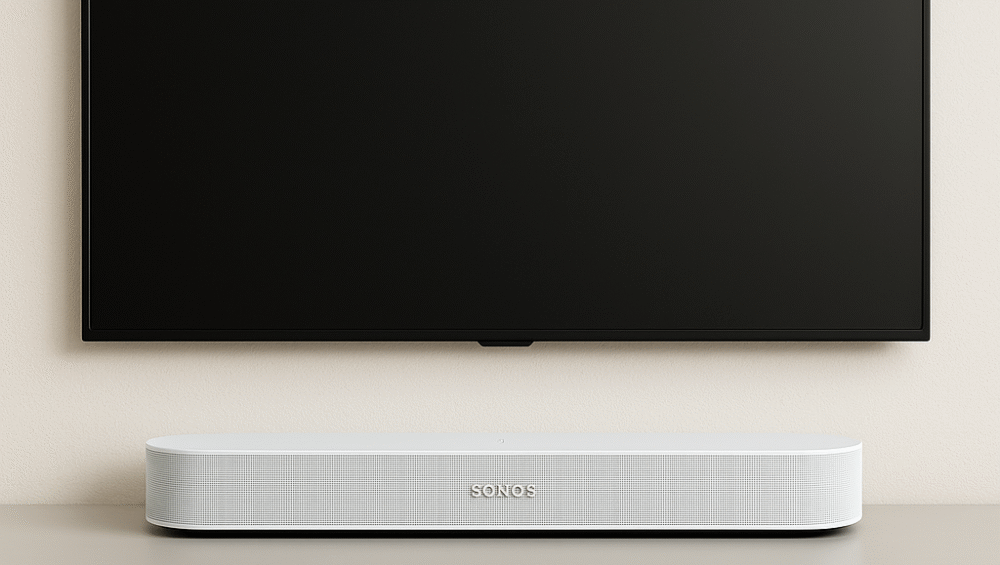 Best soundbars for 55 inch TV – Sonos Beam Gen 2 mounted neatly under a 55-inch wall-mounted TV for compact and balanced setup