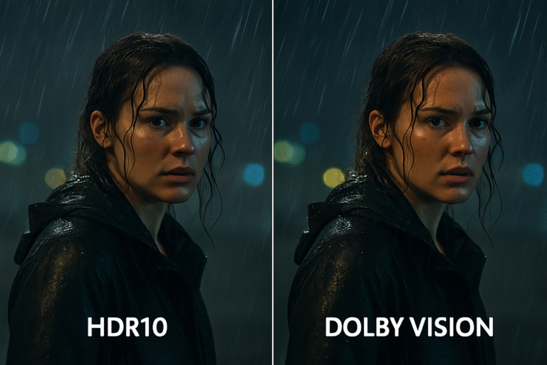 Split screen showing same scene in HDR10 vs Dolby Vision quality