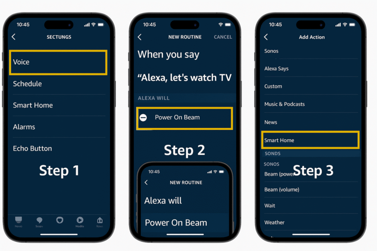Alexa voice routine setup guide – step-by-step Alexa routine builder with highlights on Sonos Beam selections for automation