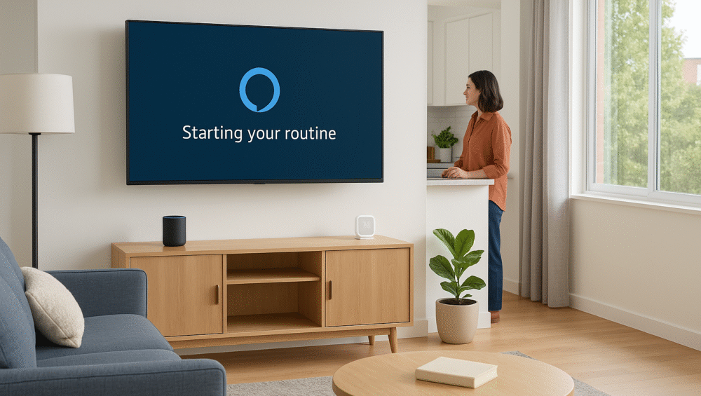 Studio apartment setup with TV and smart devices responding to Alexa routine, showing how Alexa routines control TV and connected lights.
