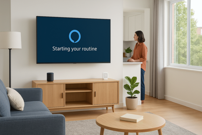 Studio apartment with TV + smart devices responding to Alexa routine.