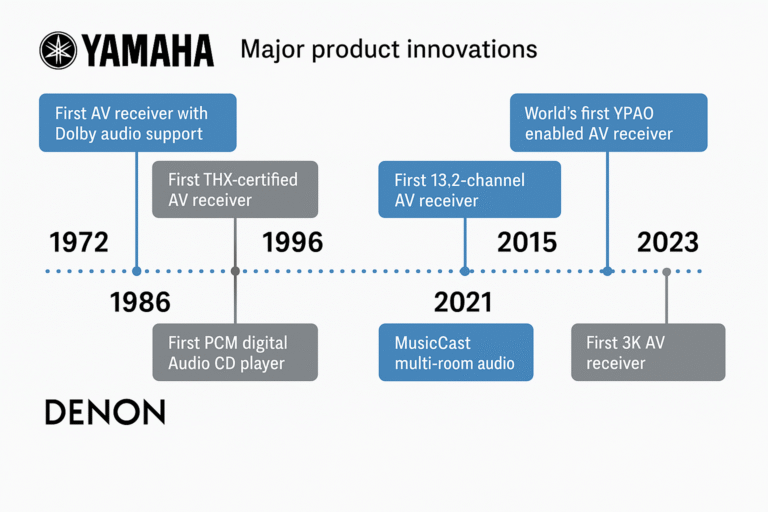 Timeline graphic comparing Yamaha and Denon’s biggest product innovations, from early Hi-Fi and DSP surround to Audyssey, MusicCast, and HDMI 2.1 – Denon vs Yamaha AV history