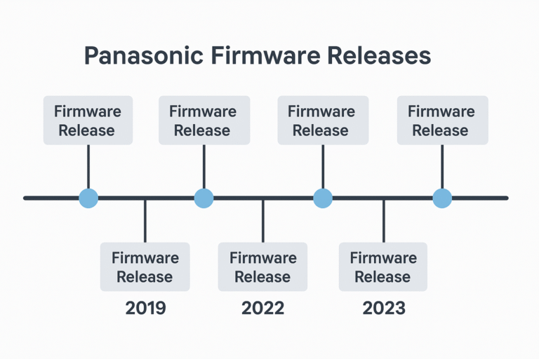 Timeline graphic showing Panasonic firmware releases over last 5 years