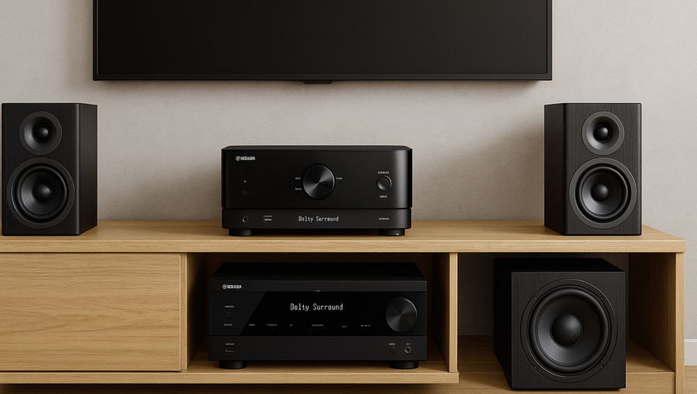 Traditional 5.1 setup with Yamaha RX-V6A, bookshelf speakers, subwoofer
