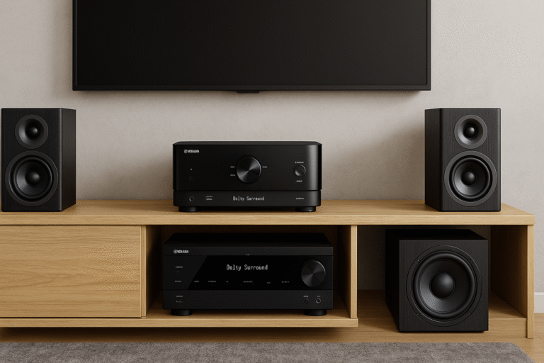 Traditional 5.1 home theater setup with Yamaha RX-V6A receiver, bookshelf speakers, and subwoofer – best gaming audio setup example.