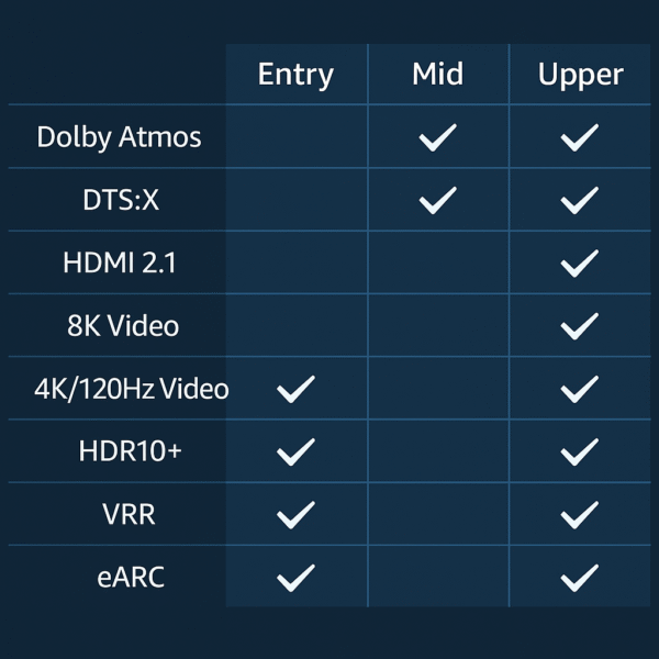 Visual matrix comparing features versus price tiers of the best 8K AV receivers for gamers and home theater users
