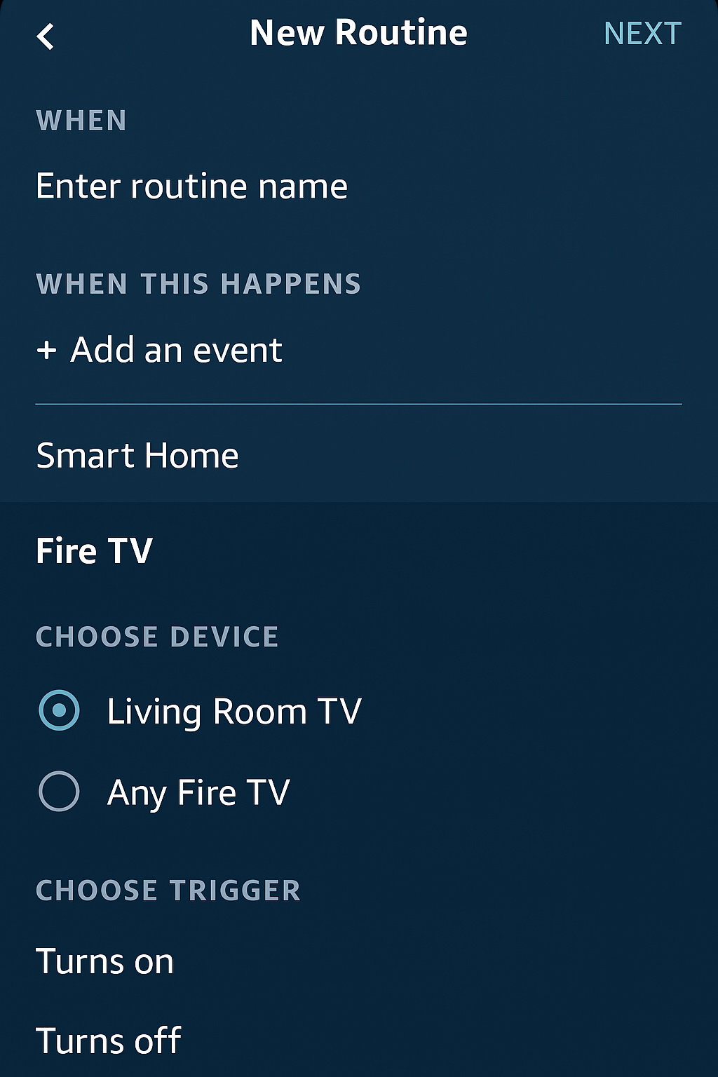 Visual walkthrough of the Alexa routine setup screen with Fire TV selected.