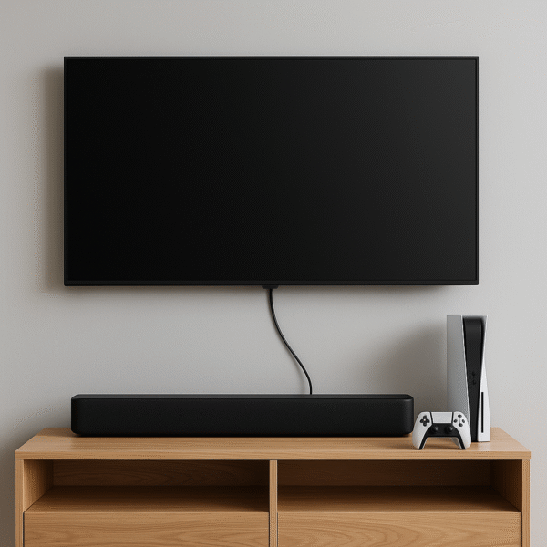 Wall-mounted TV with gaming console and sleek soundbar connected by a single visible cable – best gaming audio setup for small spaces.