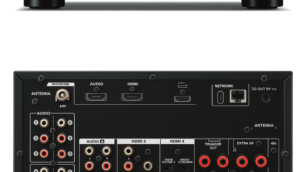 Yamaha RX-V6A front and rear panel layout with labeled ports