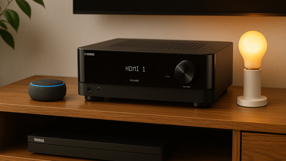 Yamaha RX-V6A on media shelf with Echo Dot and smart bulb nearby