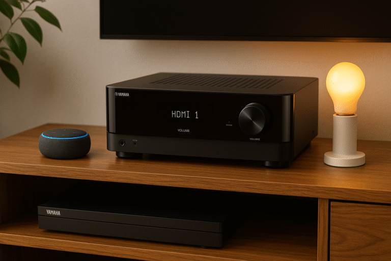 Yamaha RX-V6A AV receiver on media shelf with Echo Dot and smart bulb nearby – best AV receivers for Alexa smart home setup