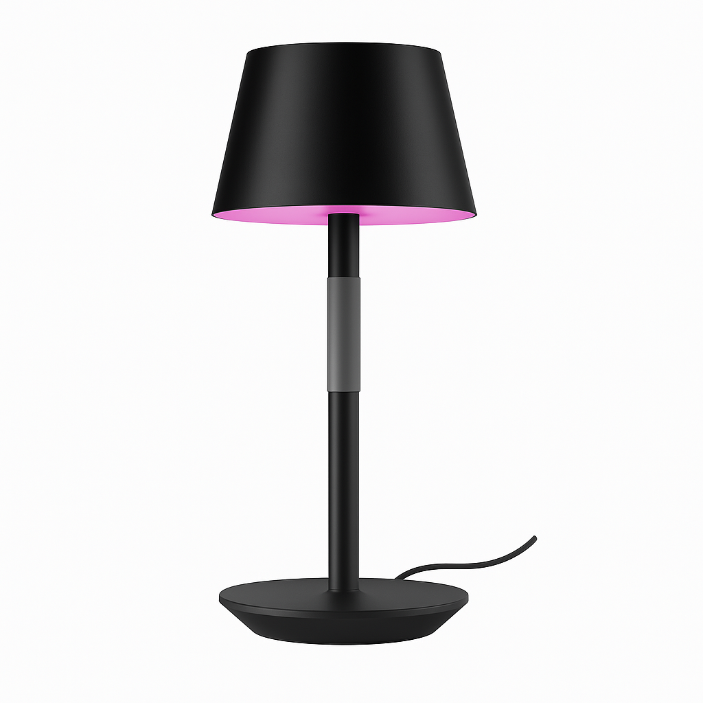 A digital photograph features a modern Philips Hue table lamp on a pure white background