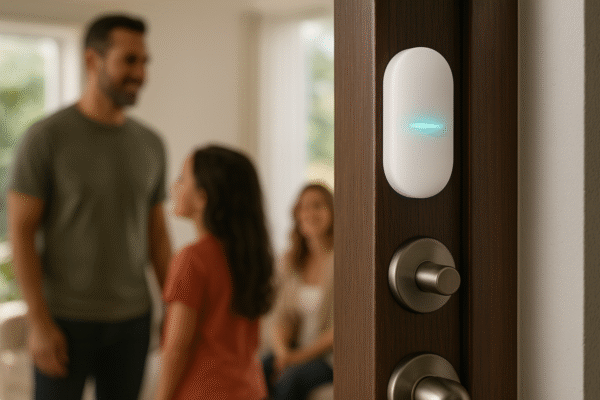 A door with an ecobee contact sensor attached, glowing indicator, family in background.