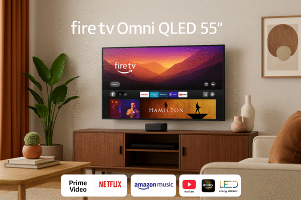 Amazon Fire TV Omni QLED 55 inch in a modern living room, displaying a vibrant streaming interface.