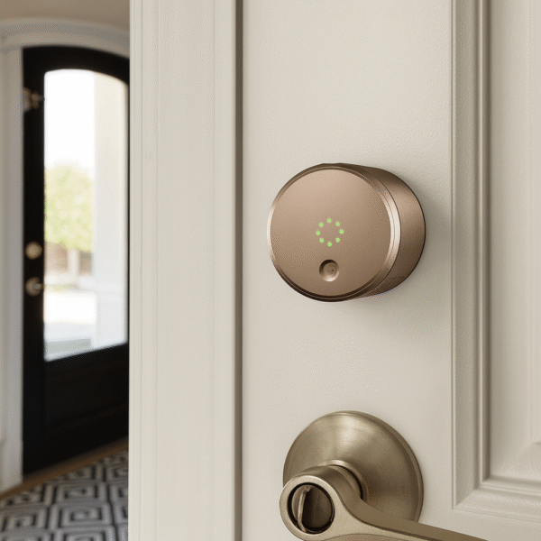 August Smart Lock 1st Gen installed on the inside of a front door.