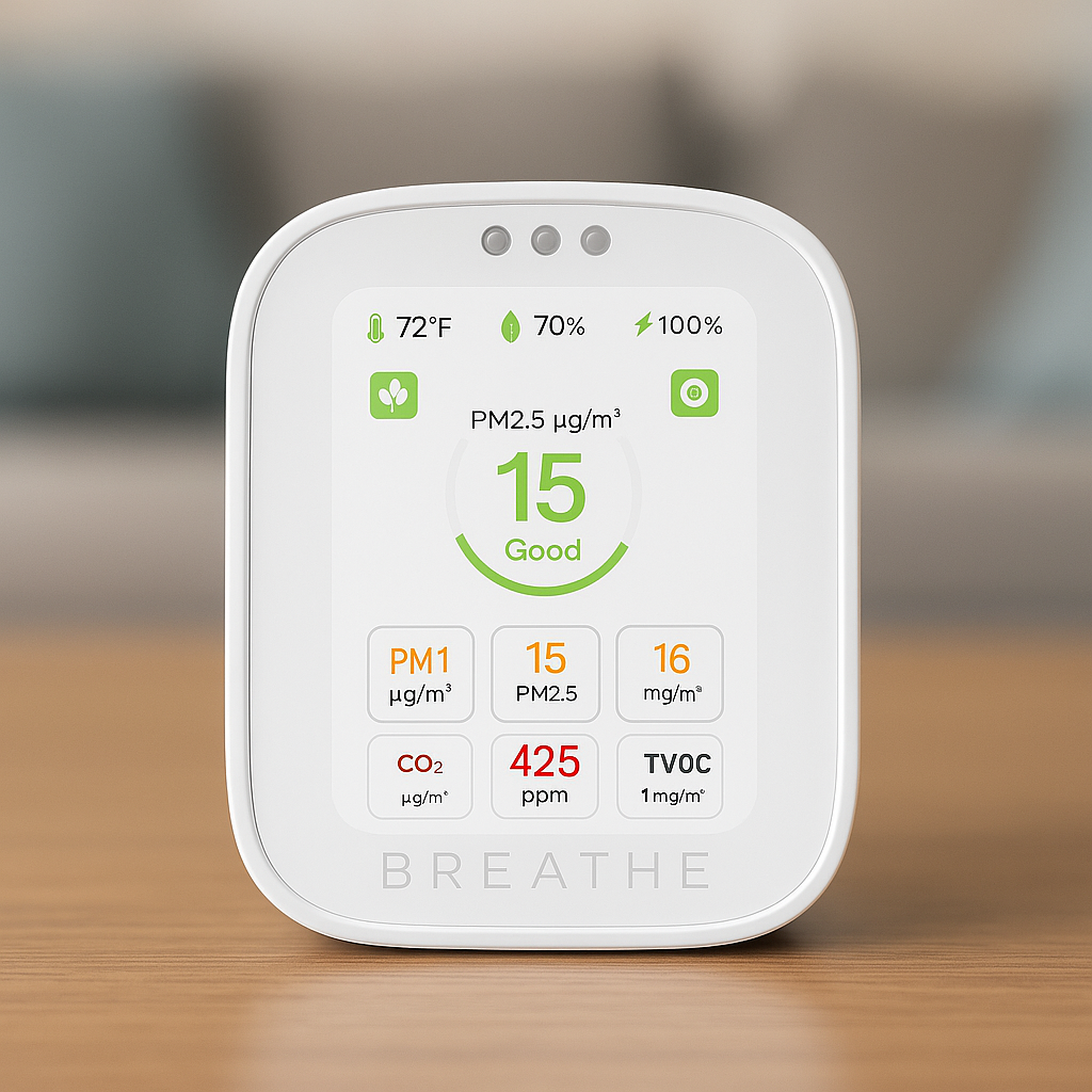 BREATHE Airmonitor Plus on a table showing full-color display with AQI CO₂ data.